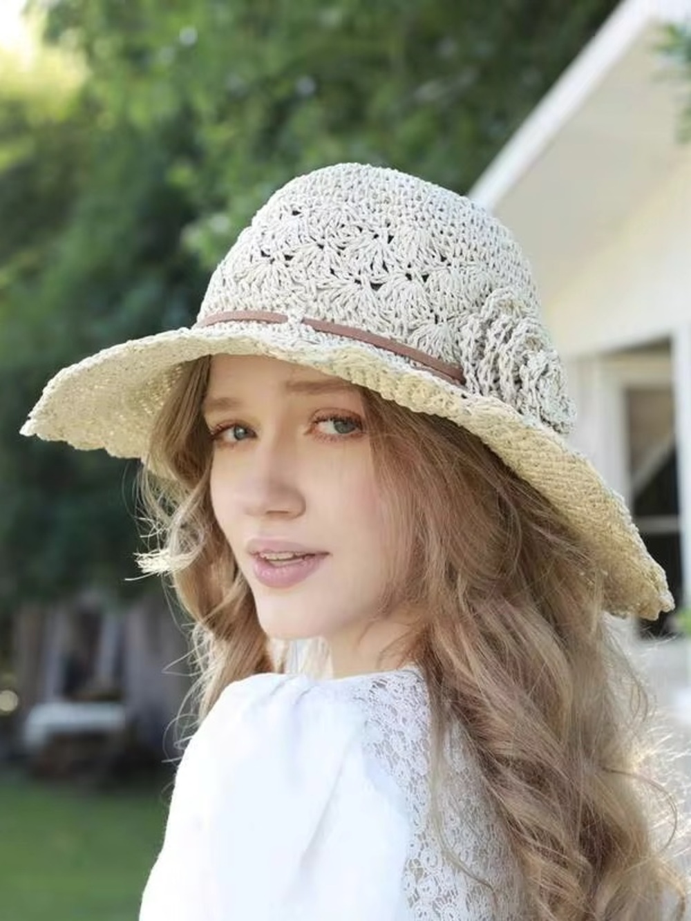Straw Crochet Sun Hat with Floral Appliqué, Adjustable Sizing and Wire Brim
